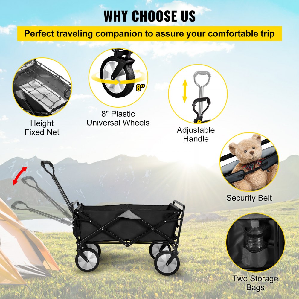 AMITOOLS Wagon Cart, Collapsible Folding Cart with 176lbs Load, Outdoor Utility Garden Cart, Adjustable Handle, Portable Foldable Wagons with Wheels for Beach, Camping, Grocery, Dark Grey