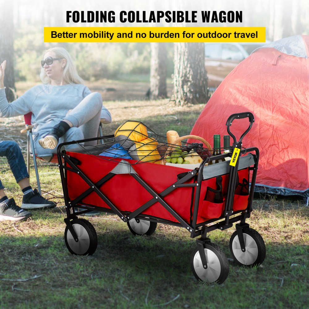 AMITOOLS Wagon Cart, Collapsible Folding Cart with 176lbs Load, Outdoor Utility Garden Cart, Adjustable Handle, Portable Foldable Wagons with Wheels for Beach, Camping, Grocery, Red/Gray