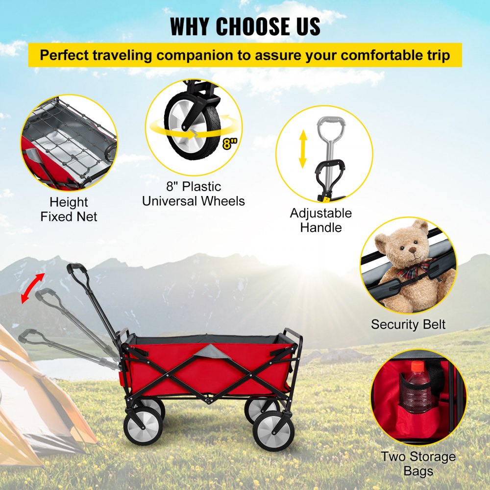 AMITOOLS Wagon Cart, Collapsible Folding Cart with 176lbs Load, Outdoor Utility Garden Cart, Adjustable Handle, Portable Foldable Wagons with Wheels for Beach, Camping, Grocery, Red/Gray