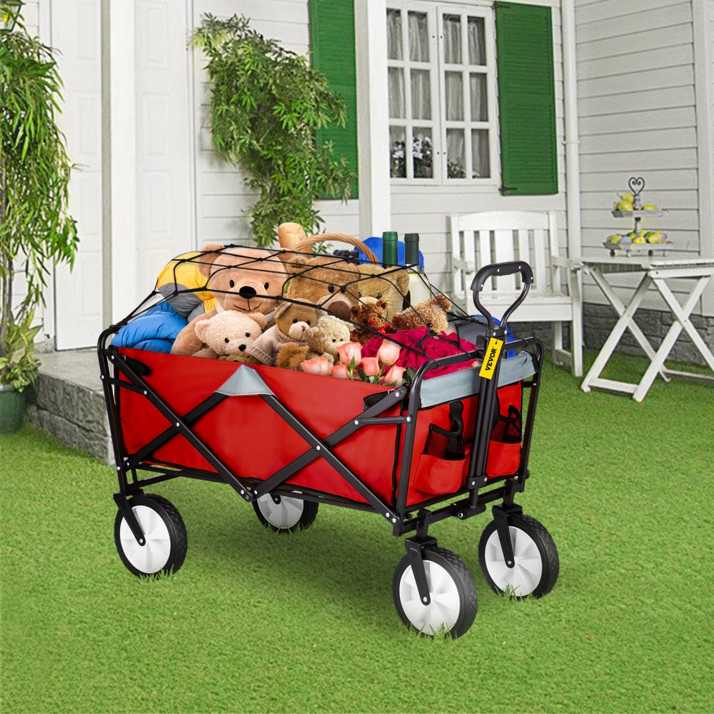 AMITOOLS Wagon Cart, Collapsible Folding Cart with 176lbs Load, Outdoor Utility Garden Cart, Adjustable Handle, Portable Foldable Wagons with Wheels for Beach, Camping, Grocery, Red/Gray