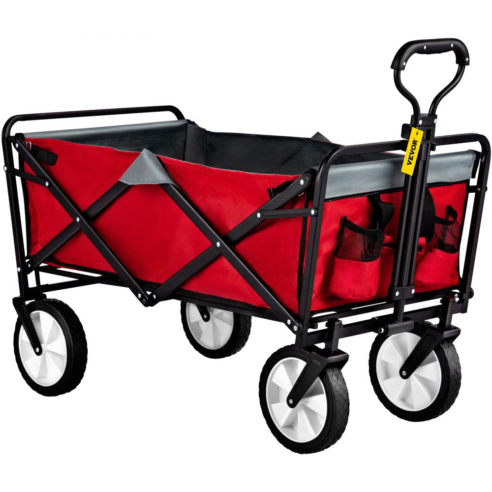 AMITOOLS Wagon Cart, Collapsible Folding Cart with 176lbs Load, Outdoor Utility Garden Cart, Adjustable Handle, Portable Foldable Wagons with Wheels for Beach, Camping, Grocery, Red/Gray