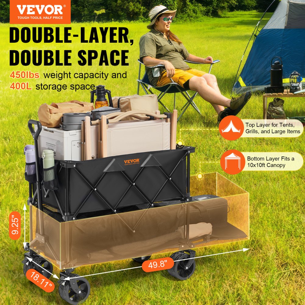 AMITOOLS Foldable Double Decker Wagon, 400L Collapsible Wagon Cart with All-Terrain Wheels, Heavy Duty Folding Wagon Cart 450 lbs Weight Capacity for Camping, Shopping, Garden, 52