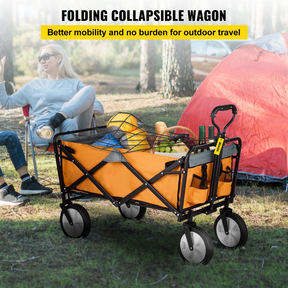 AMITOOLS Wagon Cart, Collapsible Folding Cart with 176lbs Load, Outdoor Utility Garden Cart, Adjustable Handle, Portable Foldable Wagons with Wheels for Beach, Camping, Grocery, Orange