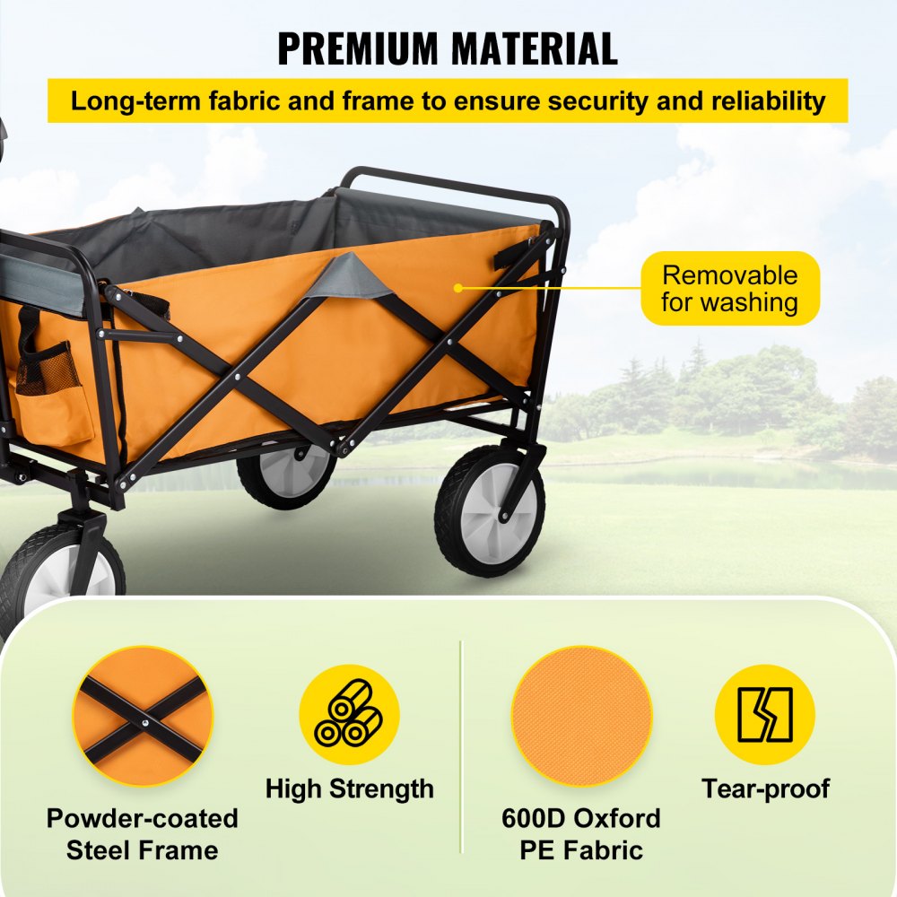 AMITOOLS Wagon Cart, Collapsible Folding Cart with 176lbs Load, Outdoor Utility Garden Cart, Adjustable Handle, Portable Foldable Wagons with Wheels for Beach, Camping, Grocery, Orange