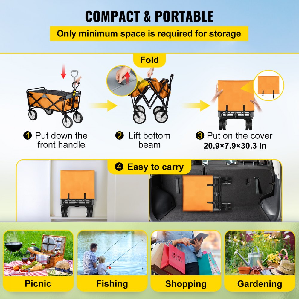 AMITOOLS Wagon Cart, Collapsible Folding Cart with 176lbs Load, Outdoor Utility Garden Cart, Adjustable Handle, Portable Foldable Wagons with Wheels for Beach, Camping, Grocery, Orange