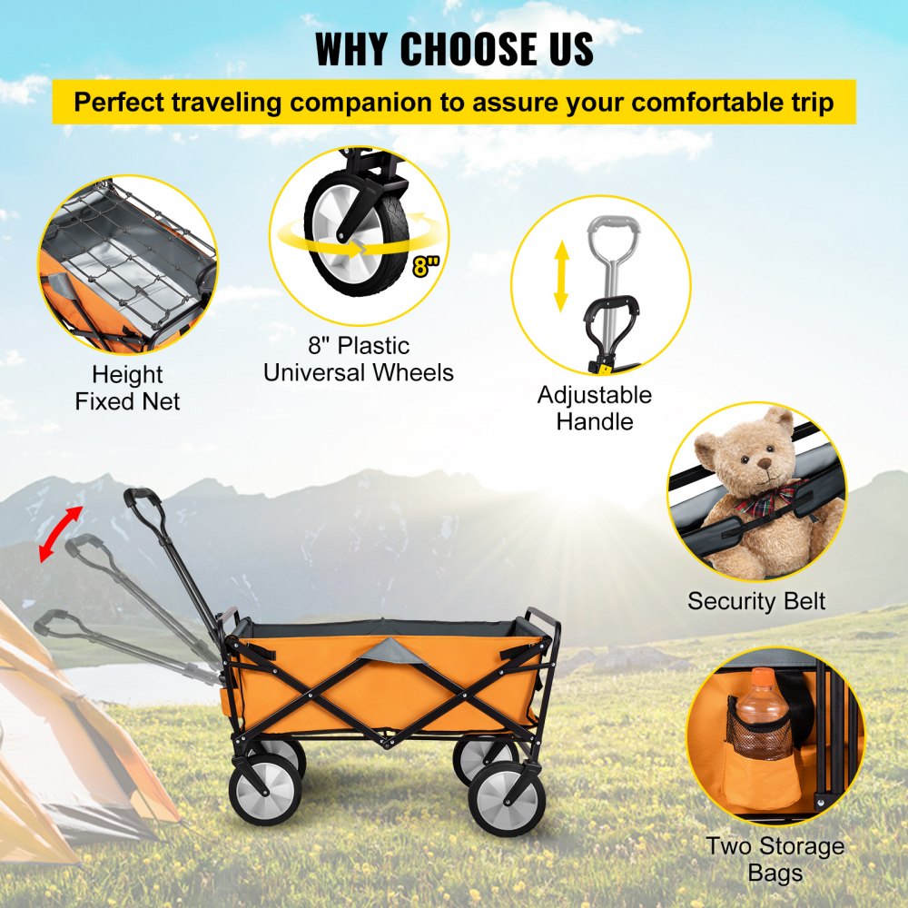 AMITOOLS Wagon Cart, Collapsible Folding Cart with 176lbs Load, Outdoor Utility Garden Cart, Adjustable Handle, Portable Foldable Wagons with Wheels for Beach, Camping, Grocery, Orange