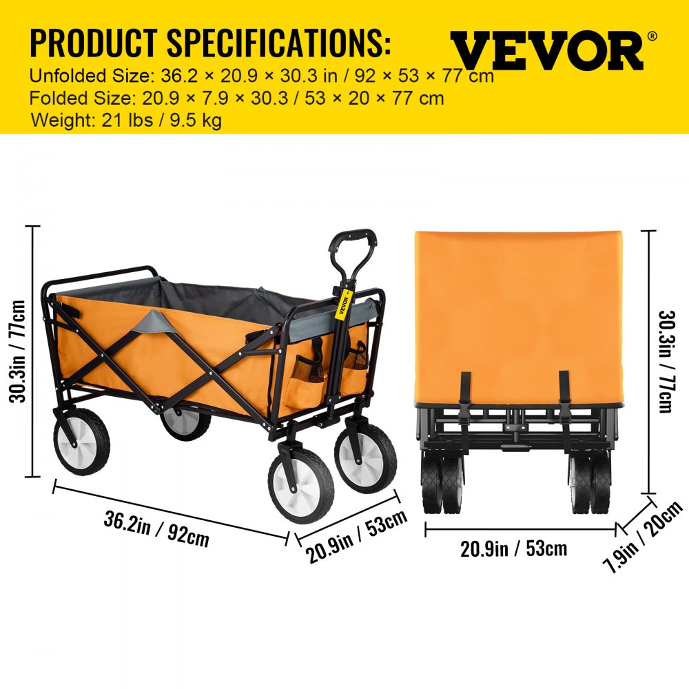 AMITOOLS Wagon Cart, Collapsible Folding Cart with 176lbs Load, Outdoor Utility Garden Cart, Adjustable Handle, Portable Foldable Wagons with Wheels for Beach, Camping, Grocery, Orange