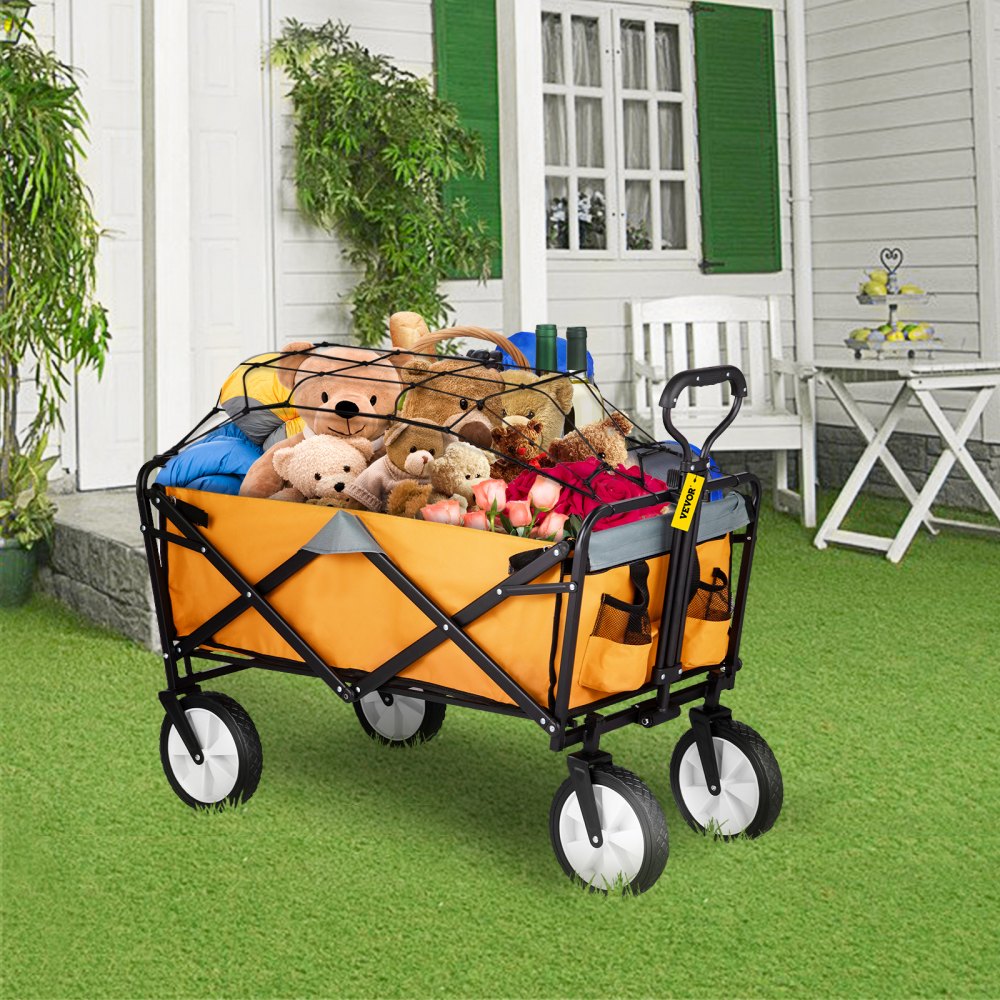 AMITOOLS Wagon Cart, Collapsible Folding Cart with 176lbs Load, Outdoor Utility Garden Cart, Adjustable Handle, Portable Foldable Wagons with Wheels for Beach, Camping, Grocery, Orange