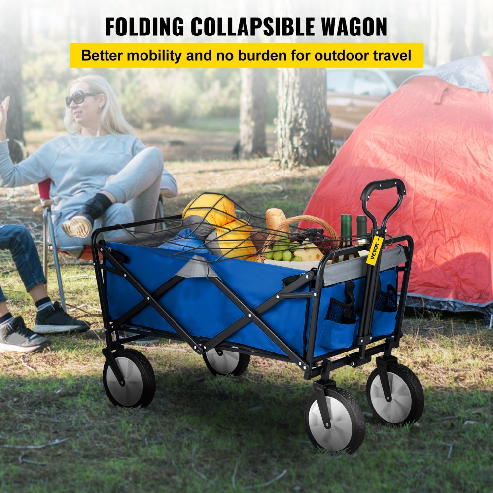 AMITOOLS Wagon Cart, Collapsible Folding Cart with 176lbs Load, Outdoor Utility Garden Cart, Adjustable Handle, Portable Foldable Wagons with Wheels for Beach, Camping, Grocery, Blue/Gray