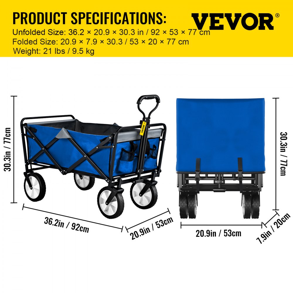 AMITOOLS Wagon Cart, Collapsible Folding Cart with 176lbs Load, Outdoor Utility Garden Cart, Adjustable Handle, Portable Foldable Wagons with Wheels for Beach, Camping, Grocery, Blue/Gray