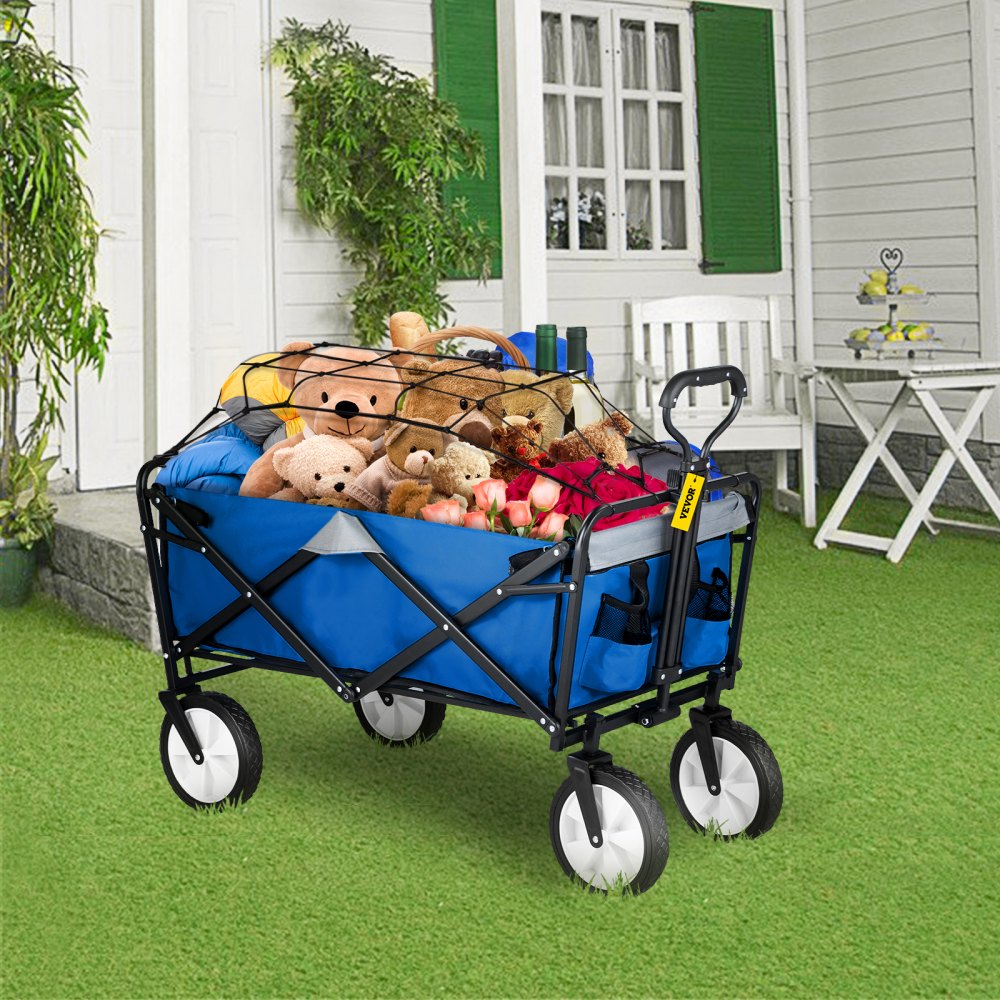 AMITOOLS Wagon Cart, Collapsible Folding Cart with 176lbs Load, Outdoor Utility Garden Cart, Adjustable Handle, Portable Foldable Wagons with Wheels for Beach, Camping, Grocery, Blue/Gray