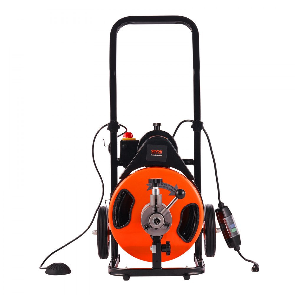 AMITOOLS Drain Cleaning Machine 50 FT x 3/8 Inch, Sewer Snake Machine Auto Feed, Drain Auger Cleaner with 4 Cutter & Air-Activated Foot Switch for 1