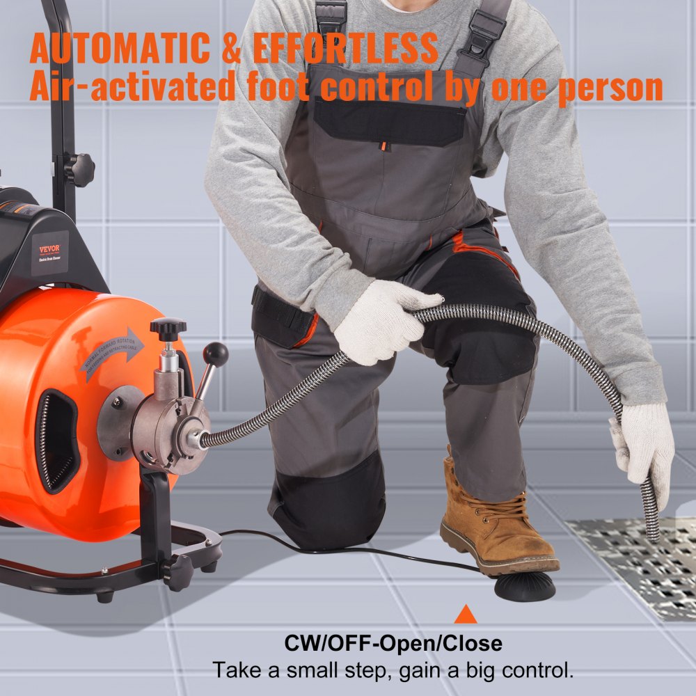 AMITOOLS Drain Cleaner Machine 100 FT x 1/2 Inch, Sewer Auger Auto Feed with 4 Cutter & Air-activated Foot Switch for 1