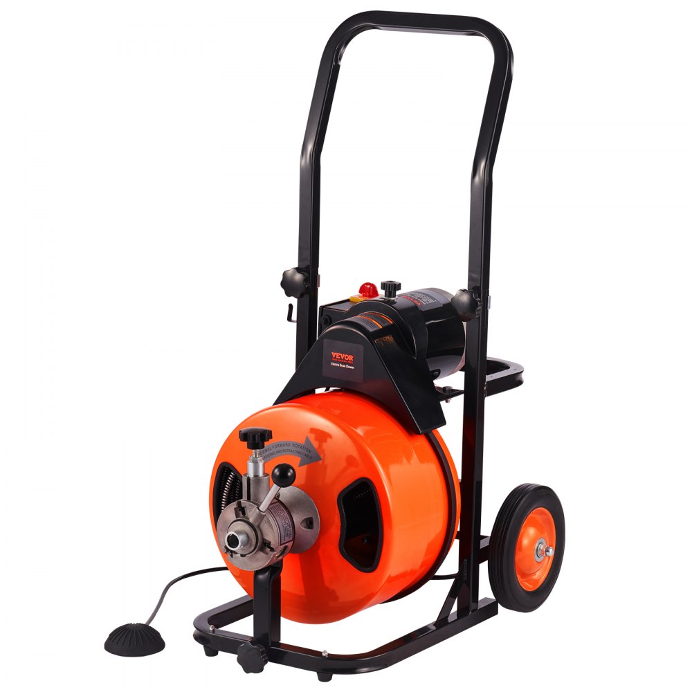 AMITOOLS Drain Cleaner Machine 100 FT x 1/2 Inch, Sewer Auger Auto Feed with 4 Cutter & Air-activated Foot Switch for 1