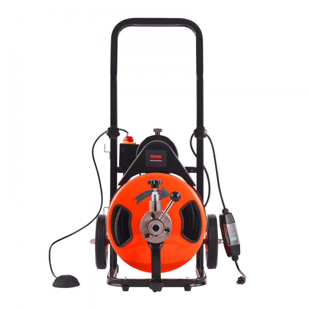 AMITOOLS Drain Cleaner Machine 100 FT x 1/2 Inch, Sewer Auger Auto Feed with 4 Cutter & Air-activated Foot Switch for 1