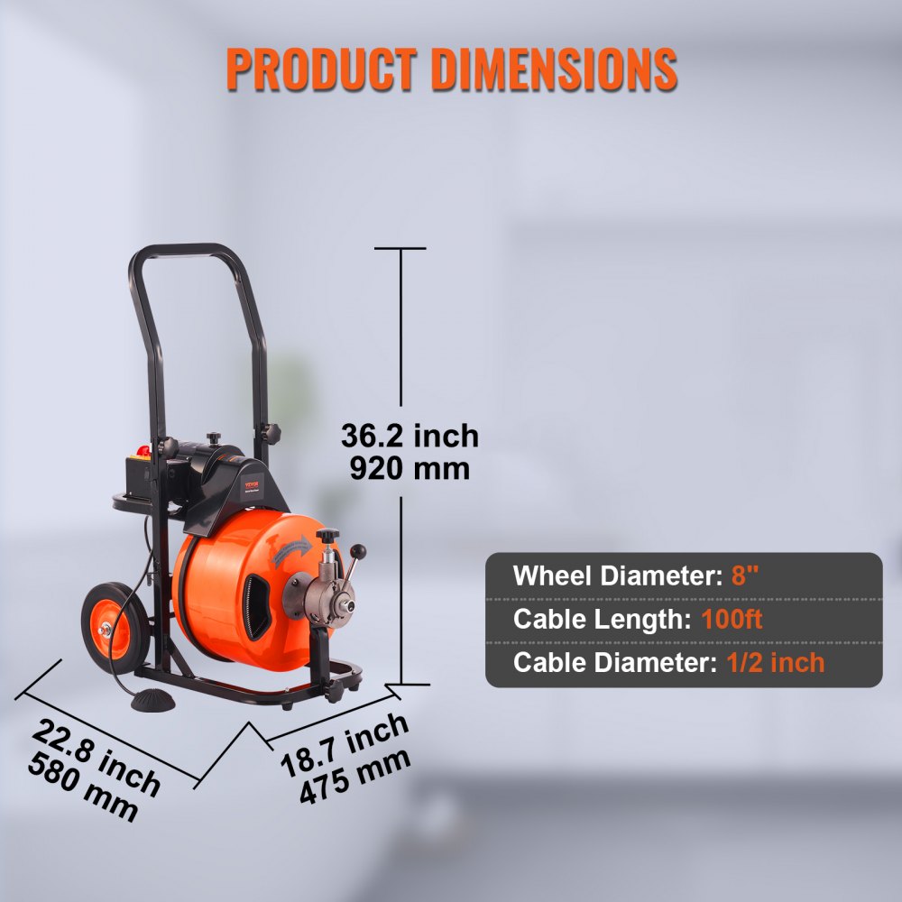 AMITOOLS Drain Cleaner Machine 100 FT x 1/2 Inch, Sewer Auger Auto Feed with 4 Cutter & Air-activated Foot Switch for 1