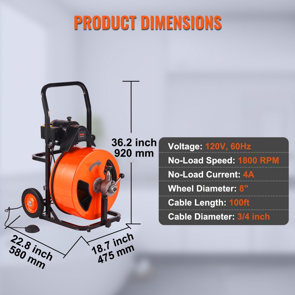 AMITOOLS Drain Cleaning Machine 100FT x 3/4 Inch, Sewer Snake Machine Auto Feed, Drain Auger Cleaner with 4 Cutter & Air-Activated Foot Switch for 1