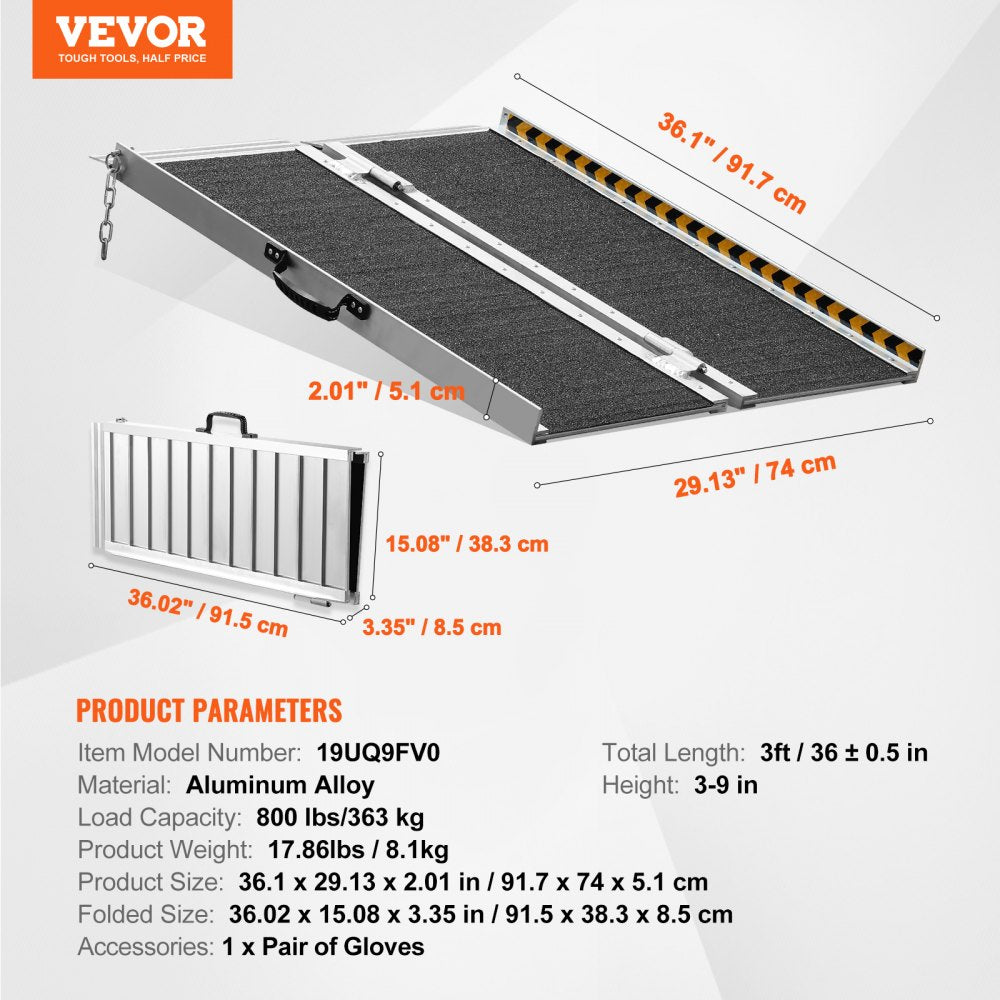 AMITOOLS Portable Wheelchair Ramp, 3 ft 800 lbs Capacity, Non-Slip Aluminum Folding Threshold Ramp, Foldable Mobility Scooter Ramp Wheel Chair Ramp, Handicap Ramp for Home Steps, Stairs, Doorways, Curbs