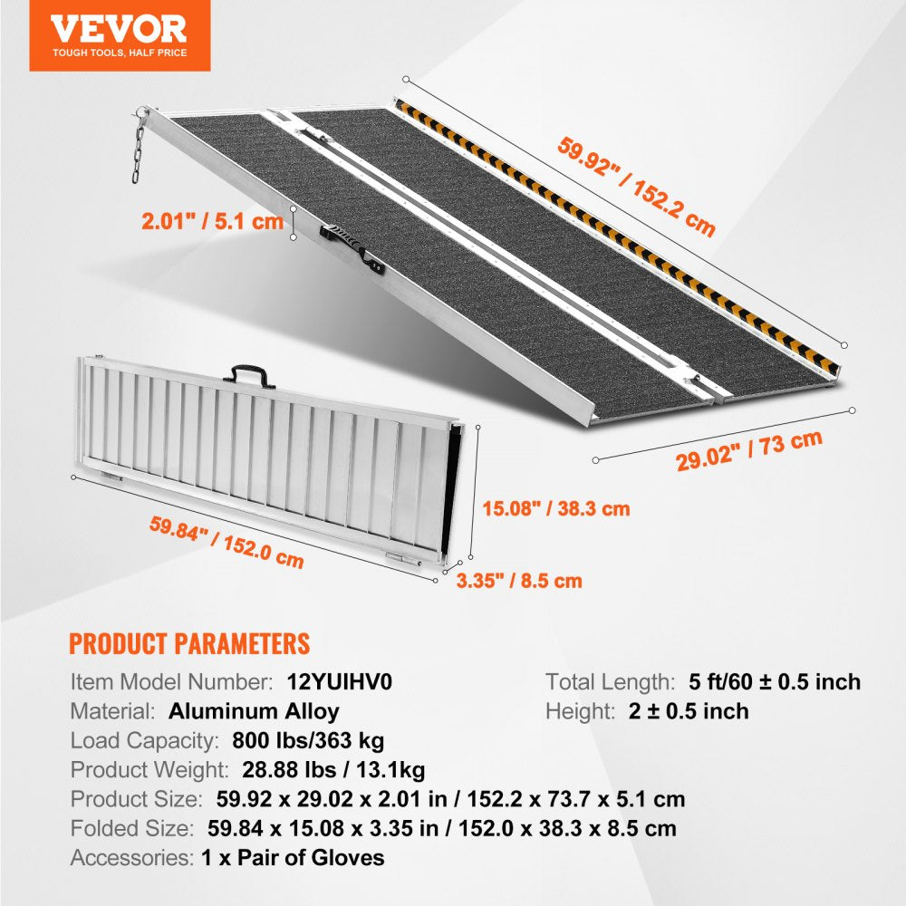 AMITOOLS Portable Wheelchair Ramp, 5 ft 800 lbs Capacity, Non-Slip Aluminum Folding Threshold Ramp, Foldable Mobility Scooter Ramp Wheel Chair Ramp, Handicap Ramp for Home Steps, Stairs, Doorways, Curbs