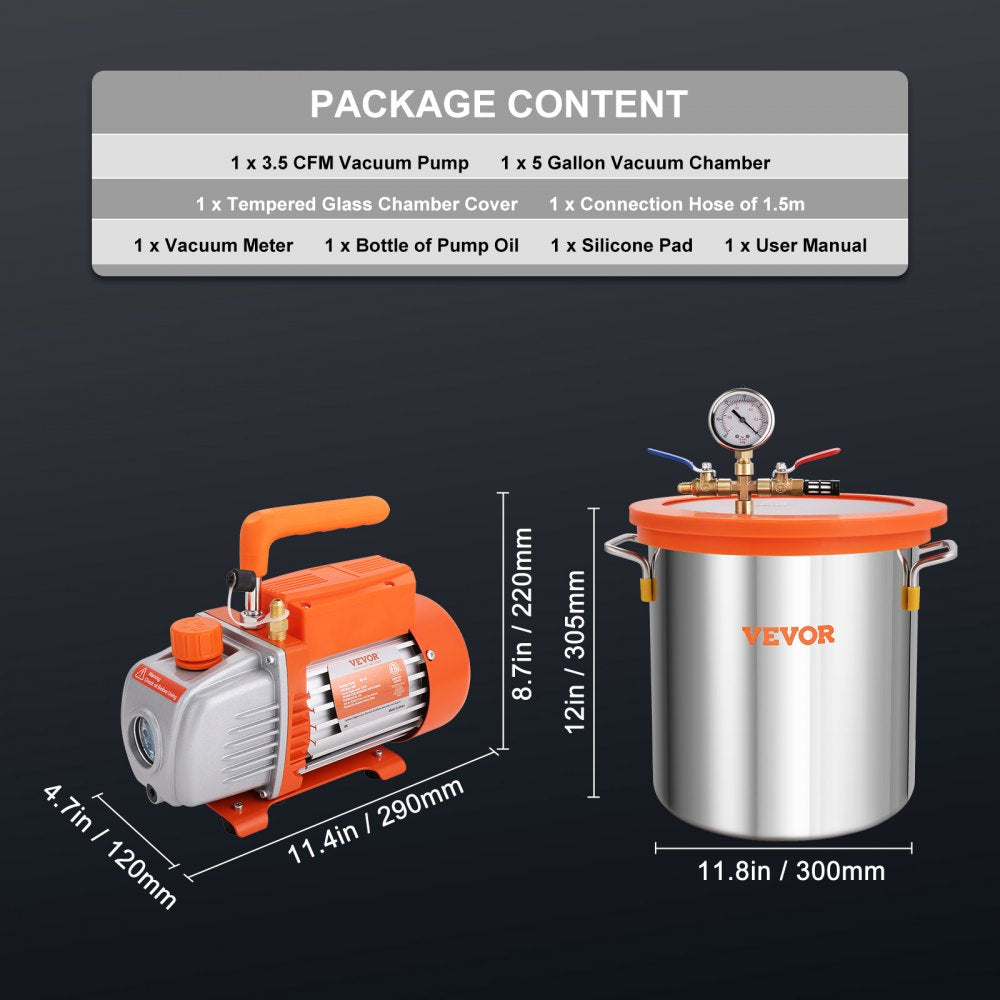 AMITOOLS 5 Gallon Vacuum Chamber and 3.5 CFM Pump Kit, Tempered Glass Lid Vacuum Degassing Chamber Kit, Single Stage Vacuum Pump with 250 ml Oil Bottle, for Stabilizing Wood, Degassing Silicones, Epoxies