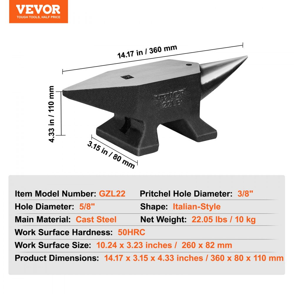 AMITOOLS Single Horn Anvil, 22Lbs Cast Steel Anvil, High Hardness Rugged Round Horn Anvil Blacksmith, Large Countertop and Stable Base, with Round and Square Hole, Metalsmith Tool for Bending and Shaping