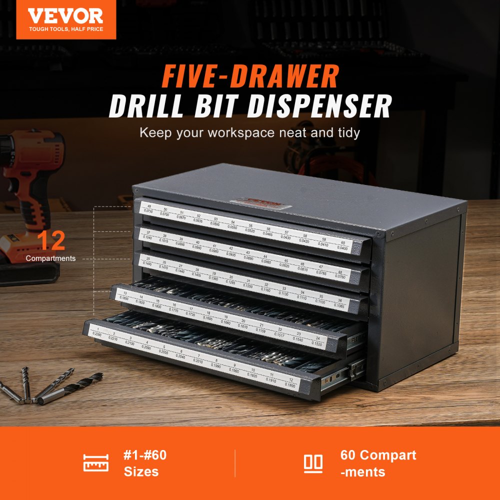 AMITOOLS Drill Bit Dispenser Cabinet, Five-Drawer Drill Bit Organizer Cabinet for #1 to #60 Steel Drill Dispenser Organizer Cabinet with Labels, Stackable Drill Dispenser for Drill Bit Storage