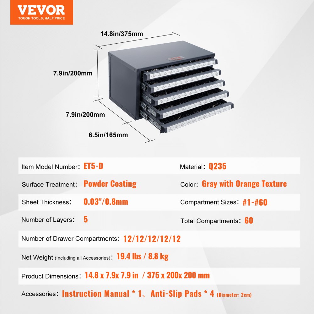 AMITOOLS Drill Bit Dispenser Cabinet, Five-Drawer Drill Bit Organizer Cabinet for #1 to #60 Steel Drill Dispenser Organizer Cabinet with Labels, Stackable Drill Dispenser for Drill Bit Storage