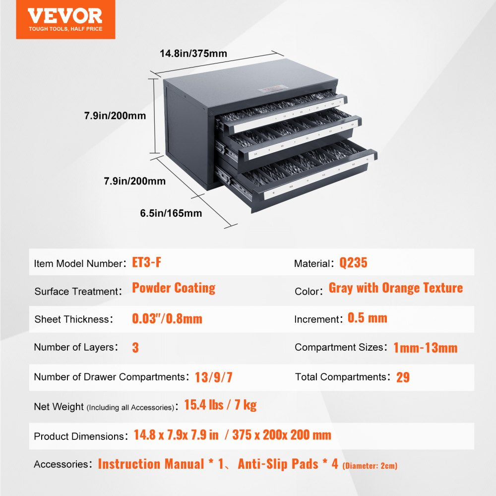 AMITOOLS Drill Bit Dispenser Cabinet, Three-Drawer Drill Bit Organizer Cabinet for 1mm to 13mm, Steel Drill Dispenser Organizer Cabinet with Labels, Stackable Drill Dispenser for Drill Bit Storage