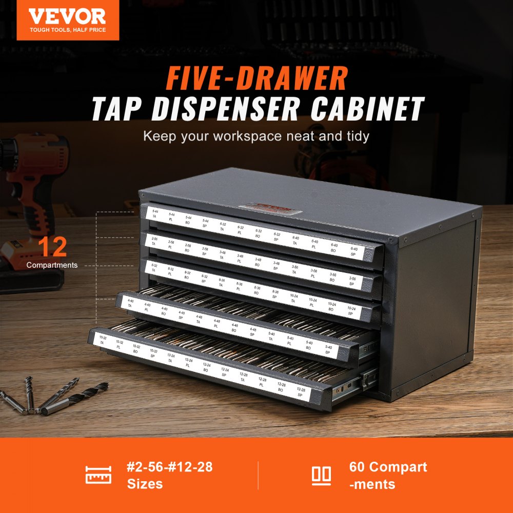 AMITOOLS Tap Dispenser Cabinet, Five-Drawer Tap Organizer Cabinet for #2-56-#12-28 Steel Tap Dispenser Organizer Cabinet with Labels, 60-Compartment Stackable Tap Cabinet for Tap Storage