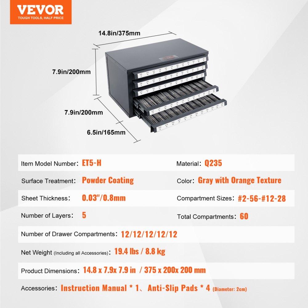 AMITOOLS Tap Dispenser Cabinet, Five-Drawer Tap Organizer Cabinet for #2-56-#12-28 Steel Tap Dispenser Organizer Cabinet with Labels, 60-Compartment Stackable Tap Cabinet for Tap Storage