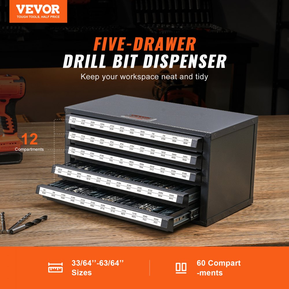 AMITOOLS Drill Bit Dispenser Cabinet, Five-Drawer Drill Bit Organizer Cabinet for 33/64