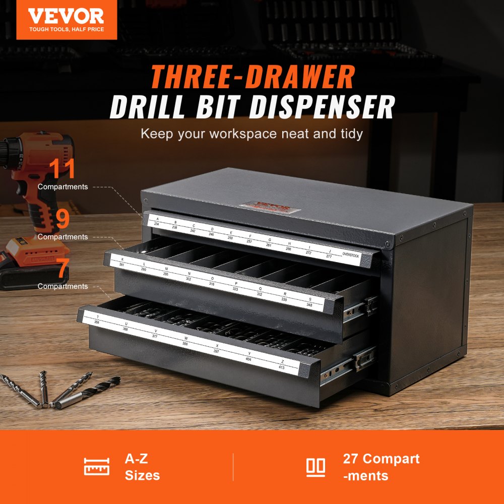 AMITOOLS Drill Bit Dispenser Cabinet, Three-Drawer Drill Bit Organizer Cabinet for A to Z, Steel Drill Dispenser Organizer Cabinet with Labels, Stackable Drill Dispenser for Drill Bit Storage