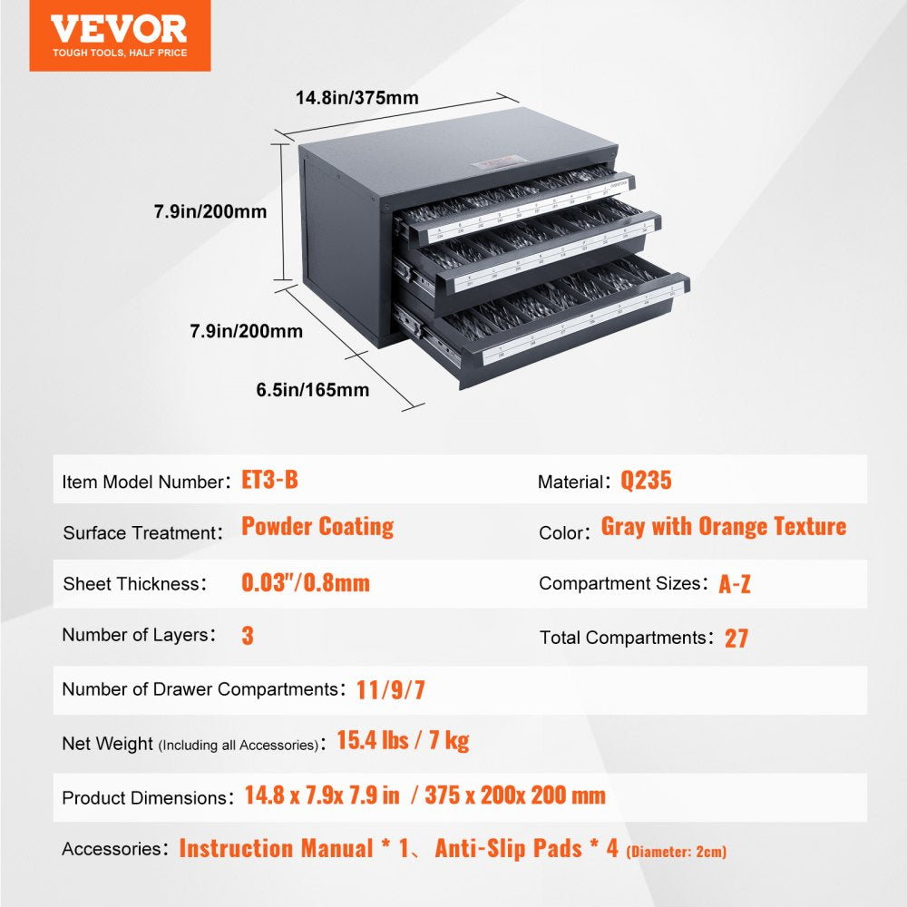 AMITOOLS Drill Bit Dispenser Cabinet, Three-Drawer Drill Bit Organizer Cabinet for A to Z, Steel Drill Dispenser Organizer Cabinet with Labels, Stackable Drill Dispenser for Drill Bit Storage