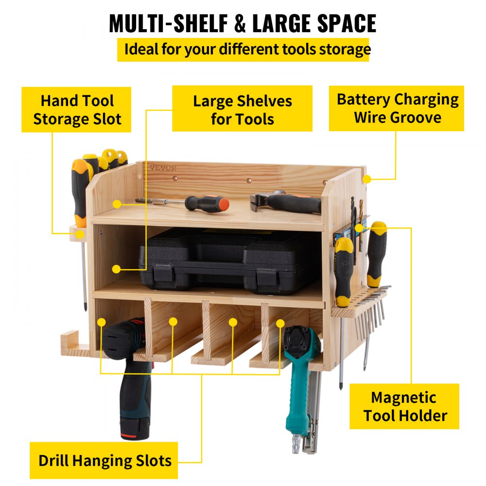 AMITOOLS Power Tool Organizer, Wall Mounted Drill Holder, 4 Hanging Slots Drill Charging Station, 2-Shelf Cordless Drill Storage, Polished Wooden Toolbox for Saw, Wrench, Screwdriver Drill