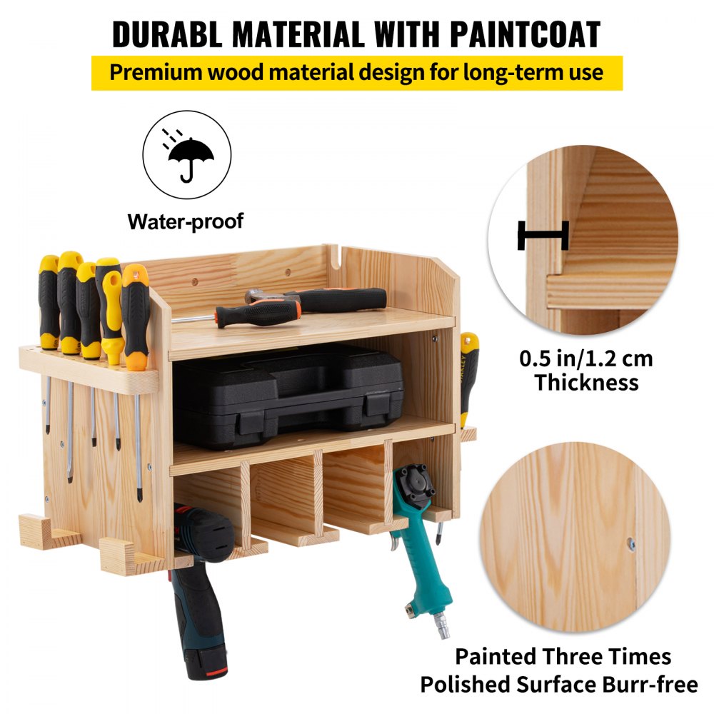 AMITOOLS Power Tool Organizer, Wall Mounted Drill Holder, 4 Hanging Slots Drill Charging Station, 2-Shelf Cordless Drill Storage, Polished Wooden Toolbox for Saw, Wrench, Screwdriver Drill