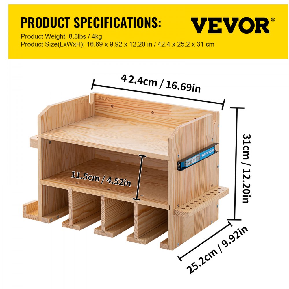 AMITOOLS Power Tool Organizer, Wall Mounted Drill Holder, 4 Hanging Slots Drill Charging Station, 2-Shelf Cordless Drill Storage, Polished Wooden Toolbox for Saw, Wrench, Screwdriver Drill