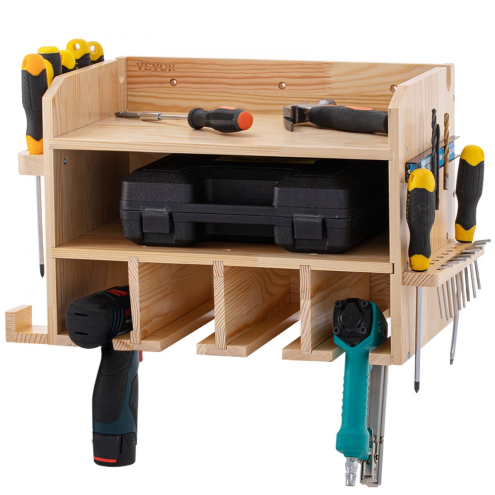 AMITOOLS Power Tool Organizer, Wall Mounted Drill Holder, 4 Hanging Slots Drill Charging Station, 2-Shelf Cordless Drill Storage, Polished Wooden Toolbox for Saw, Wrench, Screwdriver Drill