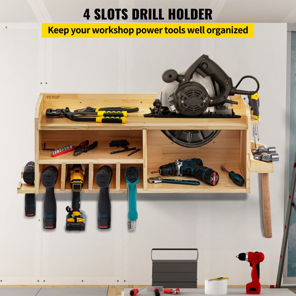 AMITOOLS Power Tool Organizer, Wall Mount Drill Holder, 4 Drill Hanging Slots Drill Charging Station, 3-Shelf Cordless Drill Storage, Polished Wooden Toolbox for Saw, Impact Wrench, Screwdriver Drill