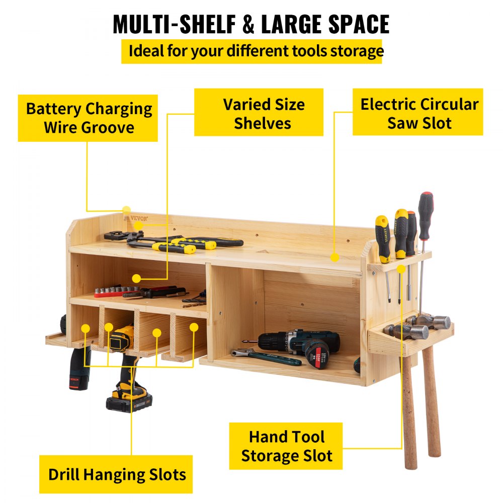 AMITOOLS Power Tool Organizer, Wall Mount Drill Holder, 4 Drill Hanging Slots Drill Charging Station, 3-Shelf Cordless Drill Storage, Polished Wooden Toolbox for Saw, Impact Wrench, Screwdriver Drill