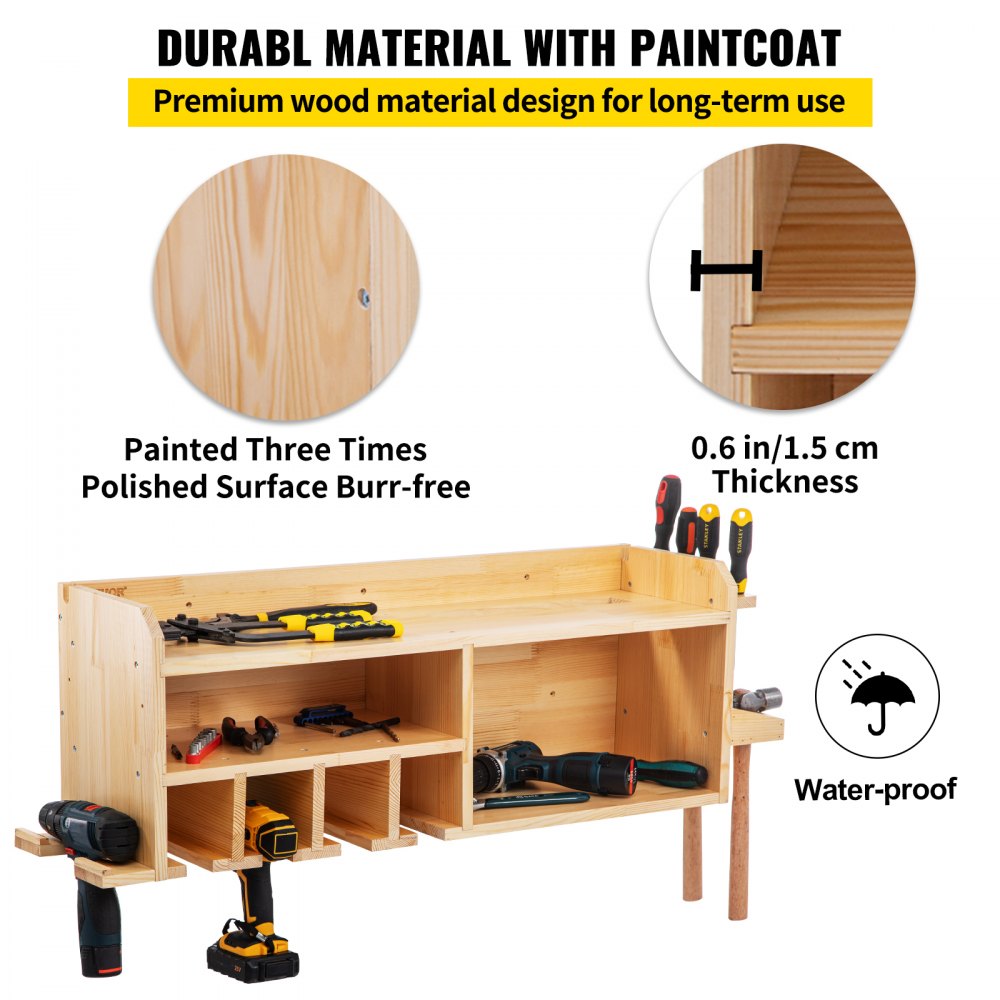 AMITOOLS Power Tool Organizer, Wall Mount Drill Holder, 4 Drill Hanging Slots Drill Charging Station, 3-Shelf Cordless Drill Storage, Polished Wooden Toolbox for Saw, Impact Wrench, Screwdriver Drill