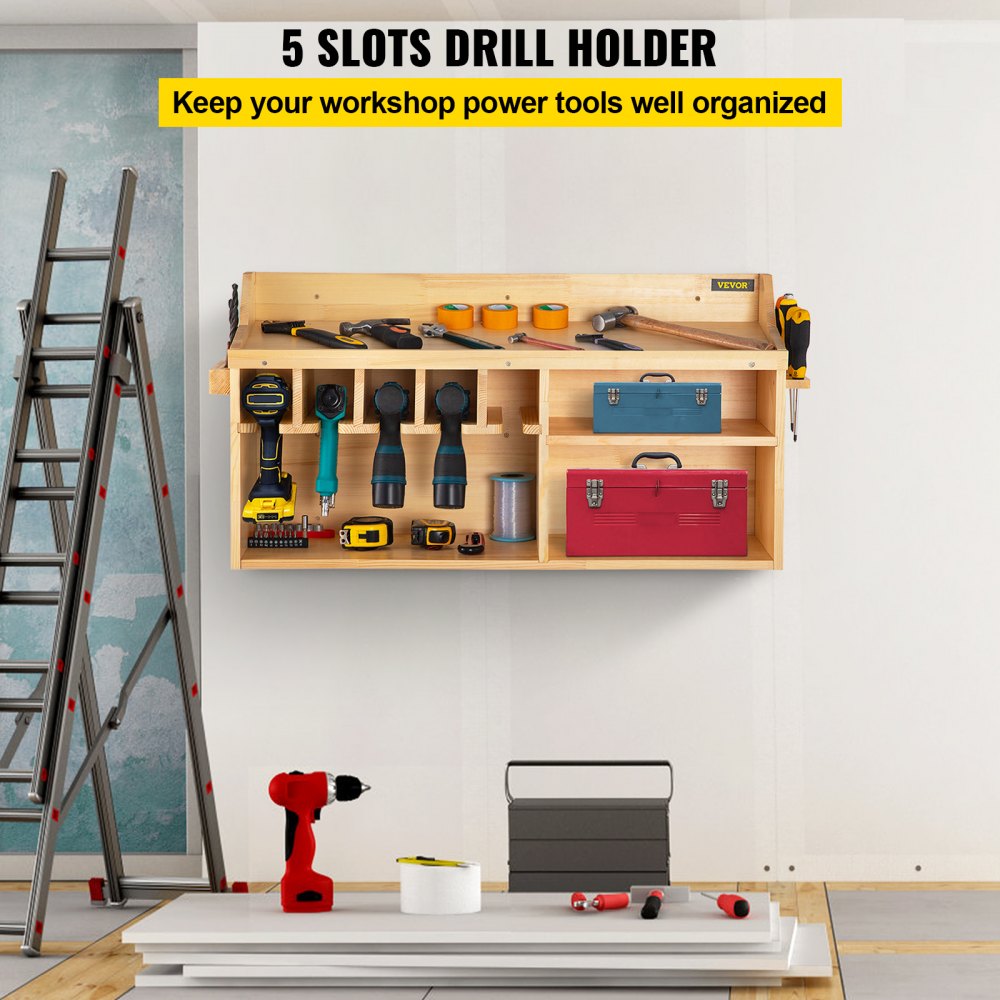 AMITOOLS Power Tool Organizer, Wall Mount/Benchtop Drill Holder, 5 Hanging Slots Drill Charging Station, 4-Shelf Cordless Drill Storage, Polished Wooden Toolbox for Saw, Wrench, Screwdriver Drill