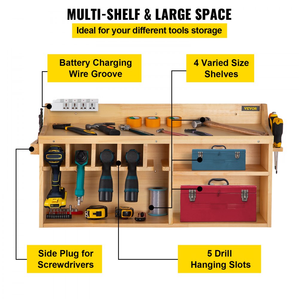 AMITOOLS Power Tool Organizer, Wall Mount/Benchtop Drill Holder, 5 Hanging Slots Drill Charging Station, 4-Shelf Cordless Drill Storage, Polished Wooden Toolbox for Saw, Wrench, Screwdriver Drill