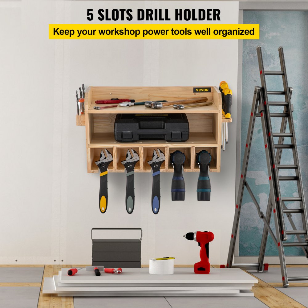 AMITOOLS Power Tool Organizer, Wall Mount Drill Holder, 5 Drill Hanging Slots Drill Charging Station, 2-Shelf Cordless Drill Storage, Polished Wooden Toolbox for Saw, Impact Wrench, Screwdriver Drill