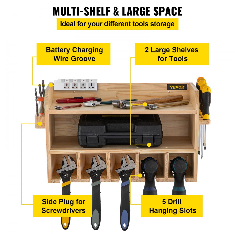 AMITOOLS Power Tool Organizer, Wall Mount Drill Holder, 5 Drill Hanging Slots Drill Charging Station, 2-Shelf Cordless Drill Storage, Polished Wooden Toolbox for Saw, Impact Wrench, Screwdriver Drill