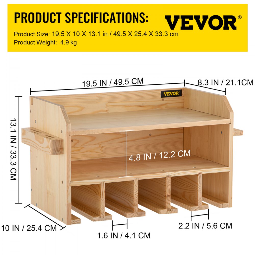 AMITOOLS Power Tool Organizer, Wall Mount Drill Holder, 5 Drill Hanging Slots Drill Charging Station, 2-Shelf Cordless Drill Storage, Polished Wooden Toolbox for Saw, Impact Wrench, Screwdriver Drill