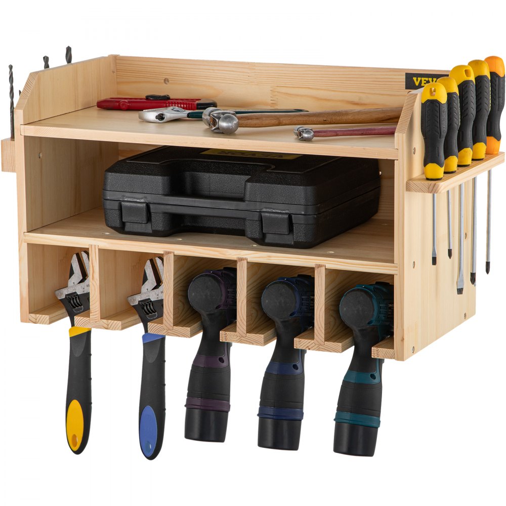 AMITOOLS Power Tool Organizer, Wall Mount Drill Holder, 5 Drill Hanging Slots Drill Charging Station, 2-Shelf Cordless Drill Storage, Polished Wooden Toolbox for Saw, Impact Wrench, Screwdriver Drill