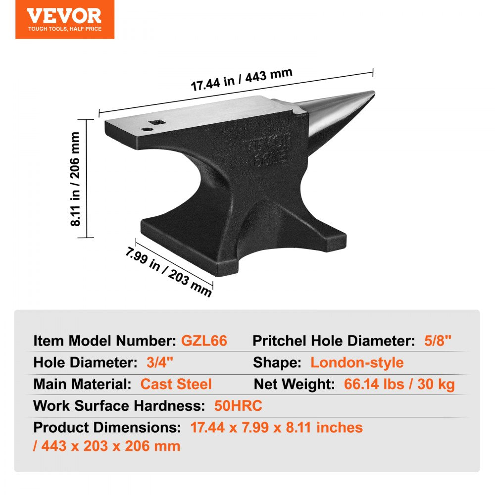 AMITOOLS Single Horn Anvil, 66Lbs Cast Steel Anvil, High Hardness Rugged Round Horn Anvil Blacksmith, with Round and Square Hole, Large Countertop and Stable Base, Metalsmith Tool for Bending and Shaping