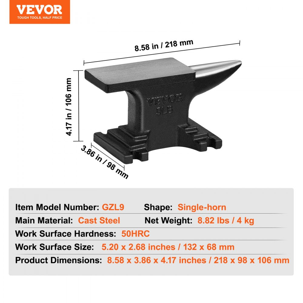 AMITOOLS Single Horn Anvil, High Hardness Rugged Round Horn Anvil Blacksmith,8.8Lbs Cast Steel Anvil,Compact Design and Stable Base, Forge Tools and Equipment, Metalsmith Tool for Bending and Shaping