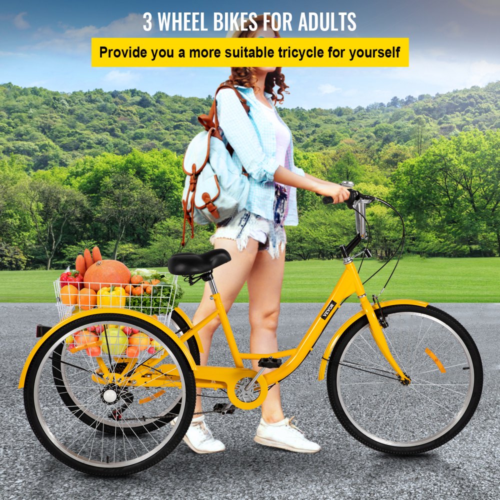 AMITOOLS Adult Tricycle 7 Speed Cruise Bike 20 inch Adjustable Trike with Bell Brake System Cruiser Bicycles Large Size Basket for Exercise (Yellow 20 7Speed)