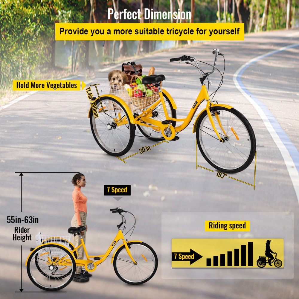 AMITOOLS Adult Tricycle 7 Speed Cruise Bike 20 inch Adjustable Trike with Bell Brake System Cruiser Bicycles Large Size Basket for Exercise (Yellow 20 7Speed)